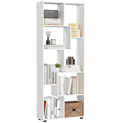 White HOMCOM bookcase with asymmetrical open shelves displaying books and decor