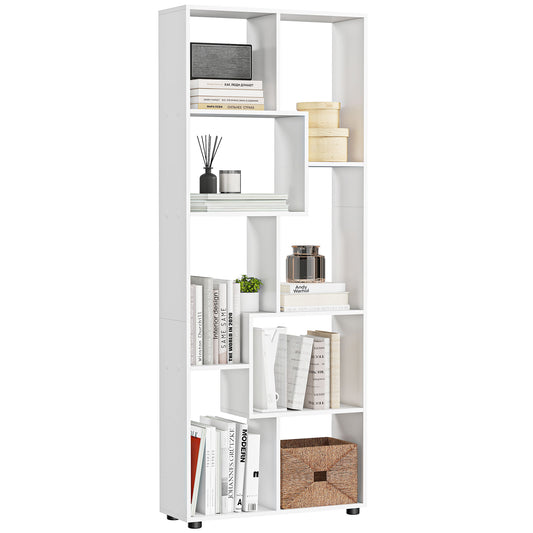 White HOMCOM bookcase with asymmetrical open shelves displaying books and decor