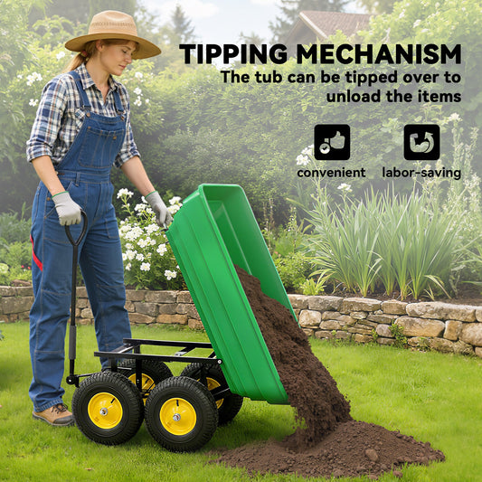 Outsunny green garden cart tipping its tub to unload soil