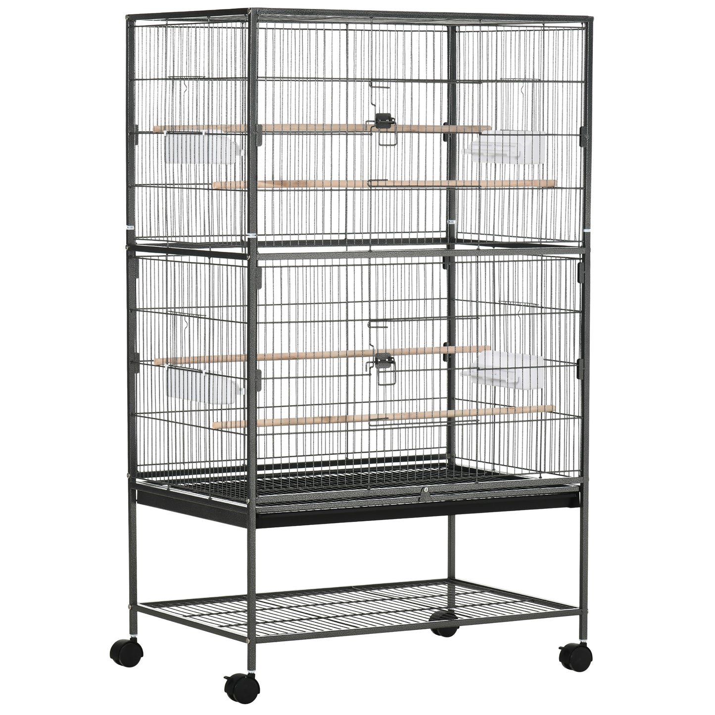 Photo of PawHut Large Bird Cage Budgie Cage for Finch Canaries Parakeet with Rolling Stand, Slide-out Tray, Storage Shelf, Food Containers, Dark Grey in Grey colour on a white background