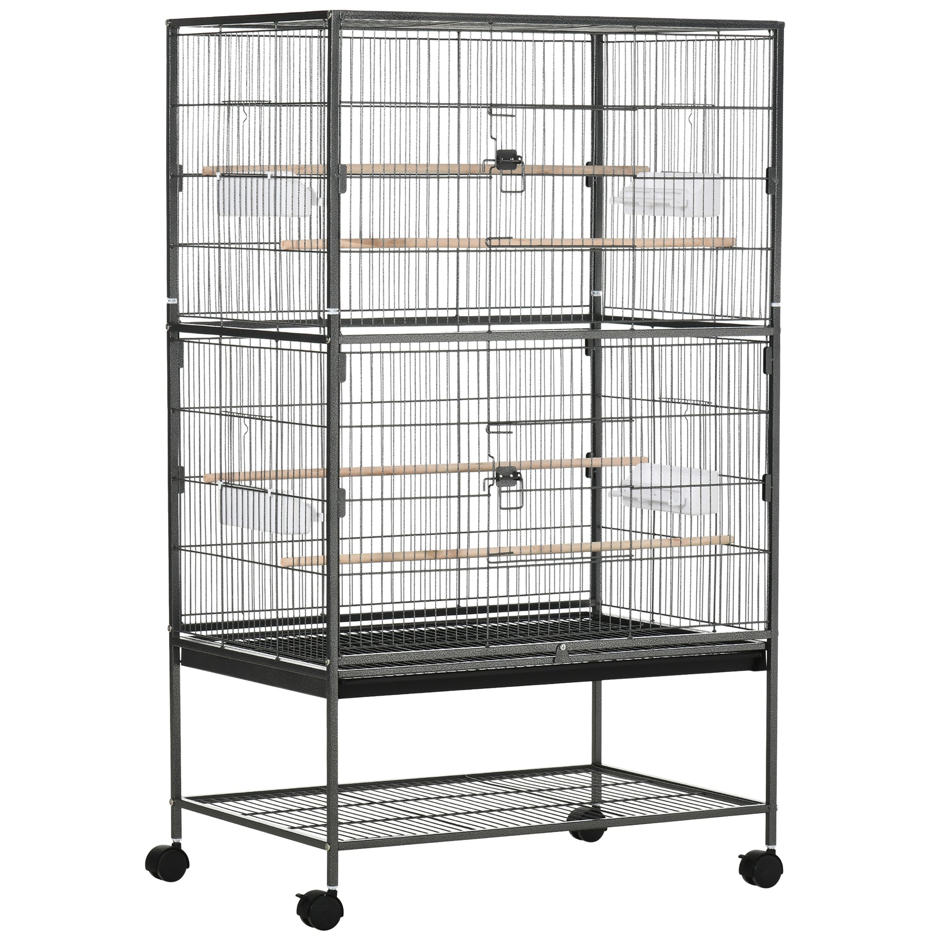 Photo of PawHut Large Bird Cage Budgie Cage for Finch Canaries Parakeet with Rolling Stand, Slide-out Tray, Storage Shelf, Food Containers, Dark Grey in Grey colour on a white background