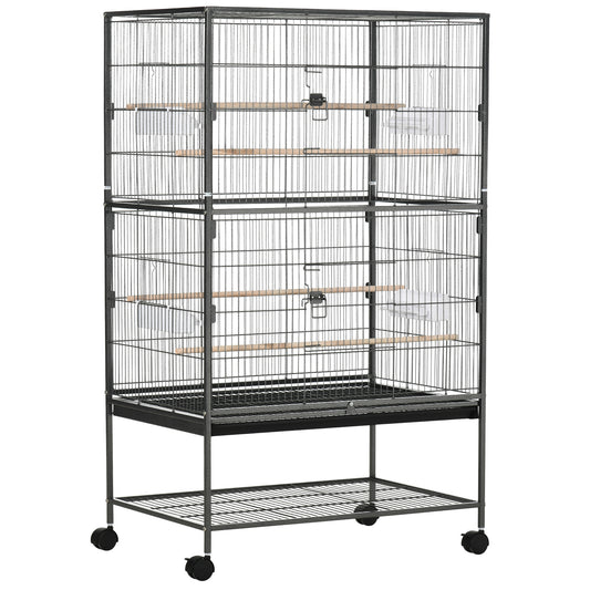 Photo of PawHut Large Bird Cage Budgie Cage for Finch Canaries Parakeet with Rolling Stand, Slide-out Tray, Storage Shelf, Food Containers, Dark Grey in Grey colour on a white background