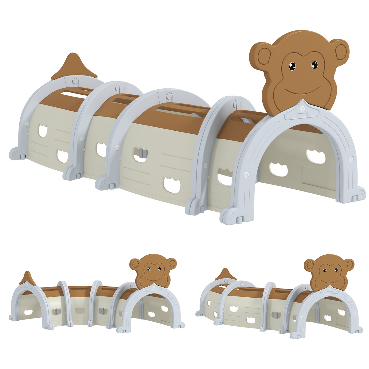 AIYAPLAY brown monkey play tunnel with gray arches, beige panels and crawl-through holes