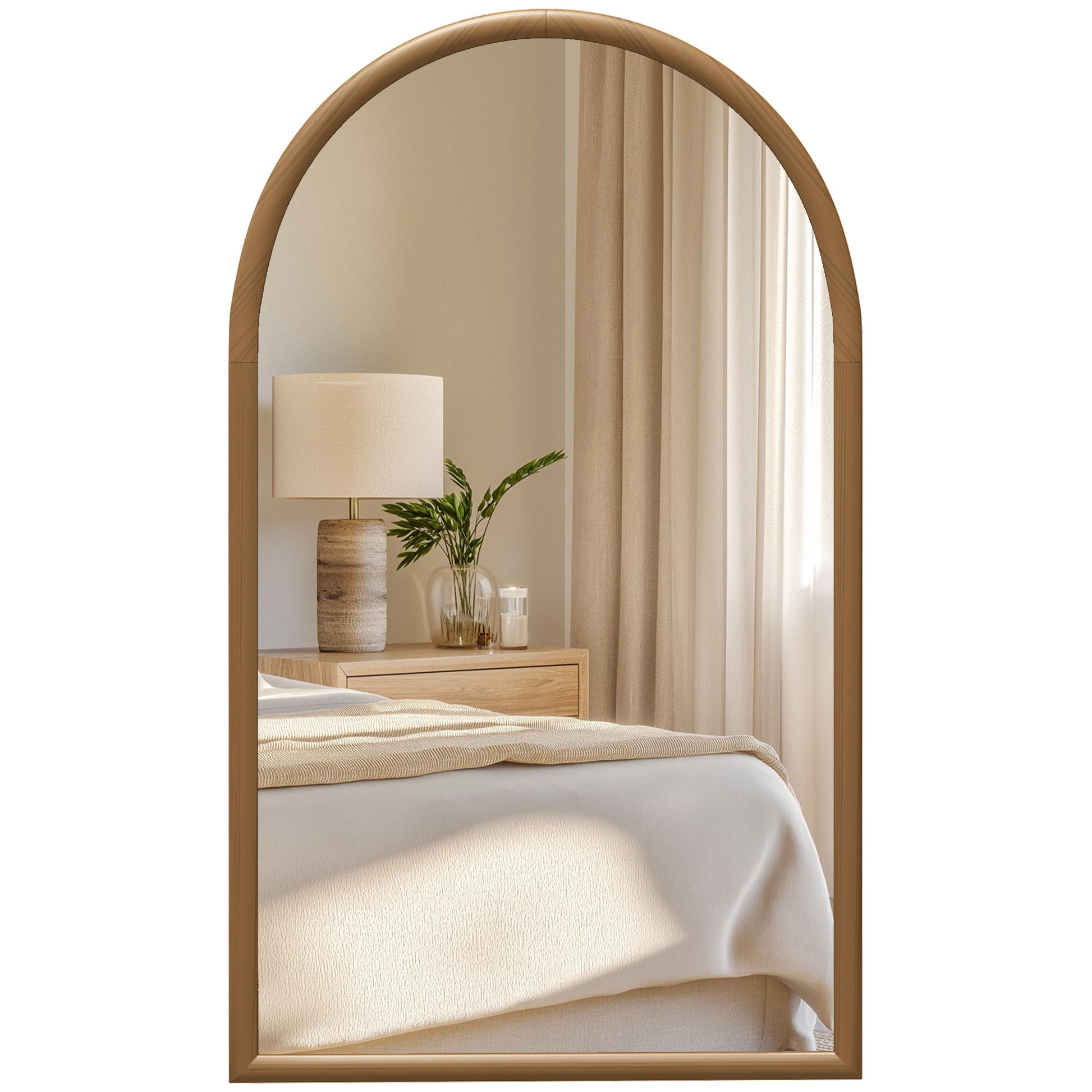 Photo of HOMCOM 110 x 65cm Wooden Arched Mirror - Natural Finish in Finish colour on a white background
