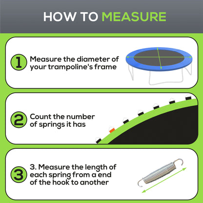 SPORTNOW trampoline mat measuring guide for frame diameter, spring count, and spring length