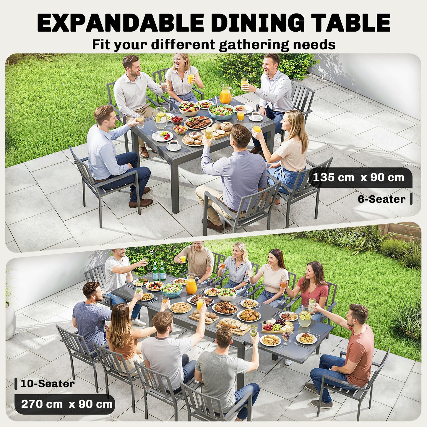 Outsunny Extending Garden Table for 6-10, Aluminium Outdoor Dining Table with Tempered Glass Top, Grey