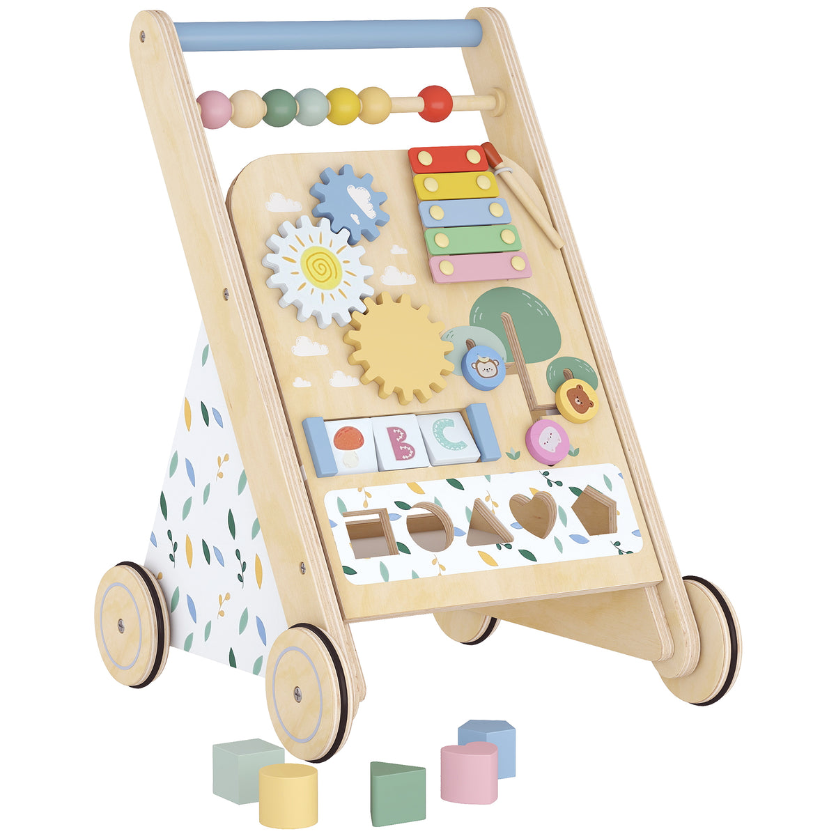 Photo of AIYAPLAY Wooden Baby Walker, Toddler Push Along Walker with Speed Control, Activity Centre and 5 Blocks for 18 Months+, Natural in Natural colour on a white background