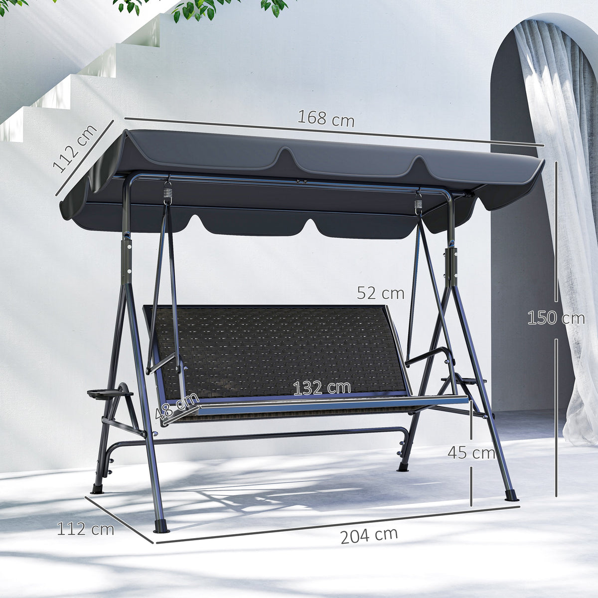 Outsunny three-seat swing chair with canopy, shown with product dimensions