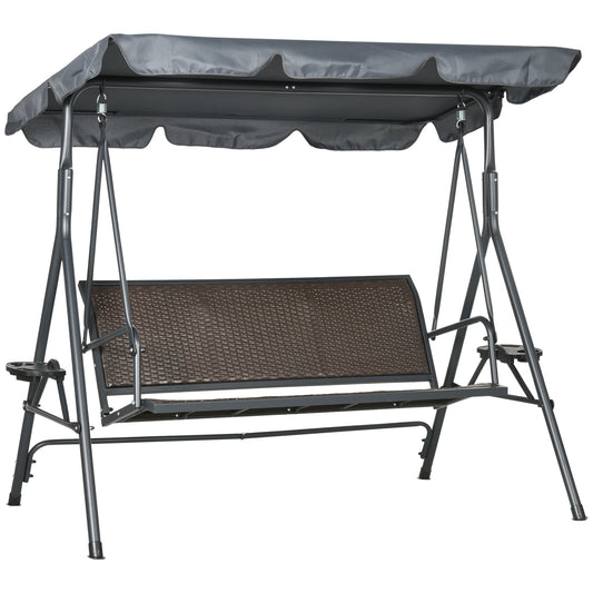 Photo of Outsunny 3 Seater Swing Chair, Garden Swing Seat Bench with Adjustable Canopy, Rattan Seat and Steel Frame for Patio, Yard, Dark Grey in Grey colour on a white background