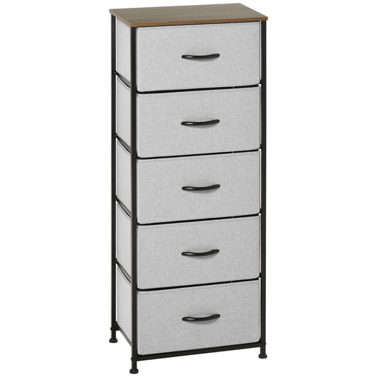 Photo of HOMCOM Fabric Chest of Drawers, Industrial Bedroom Dresser with 5 Fabric Drawers, Steel Frame and Wooden Top for Nursery, Living Room, Hallway, Grey in Grey colour on a white background