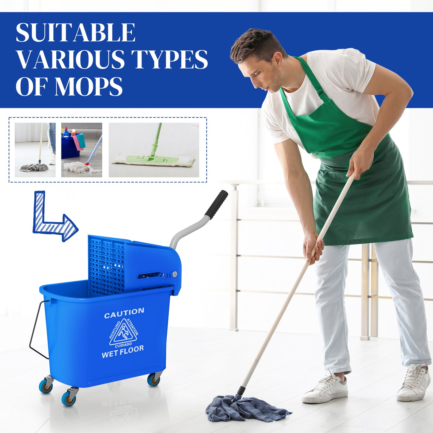 HOMCOM 20L Compact Mop Bucket on Wheels, with Water Separation Panel - Blue