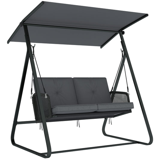 Photo of Outsunny 2-Seater Rattan Swing Chair, Outdoor Garden Hanging Swing Seat with Stand, Adjustable Canopy and Soft Cushions in Cushions colour on a white background