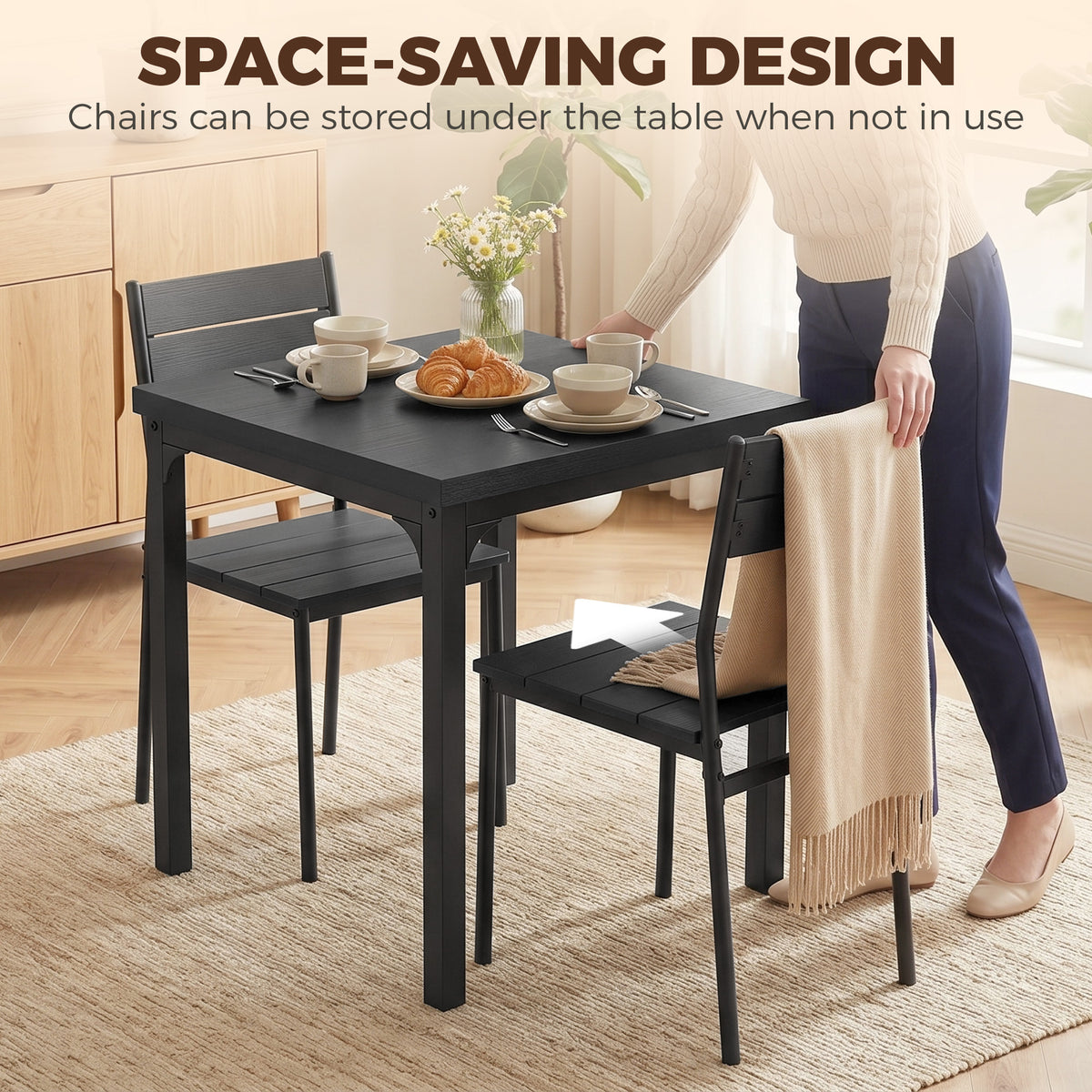 HOMCOM 3 Piece Space-Saving Kitchen Table and Chairs, Dining Table Set for 2 with Metal Legs, Black Wood Effect