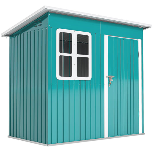 Photo of Outsunny 7 x 4ft Galvanised Steel Garden Shed, with Lock, Gloves and Foundation Kit  - Green in Green colour on a white background