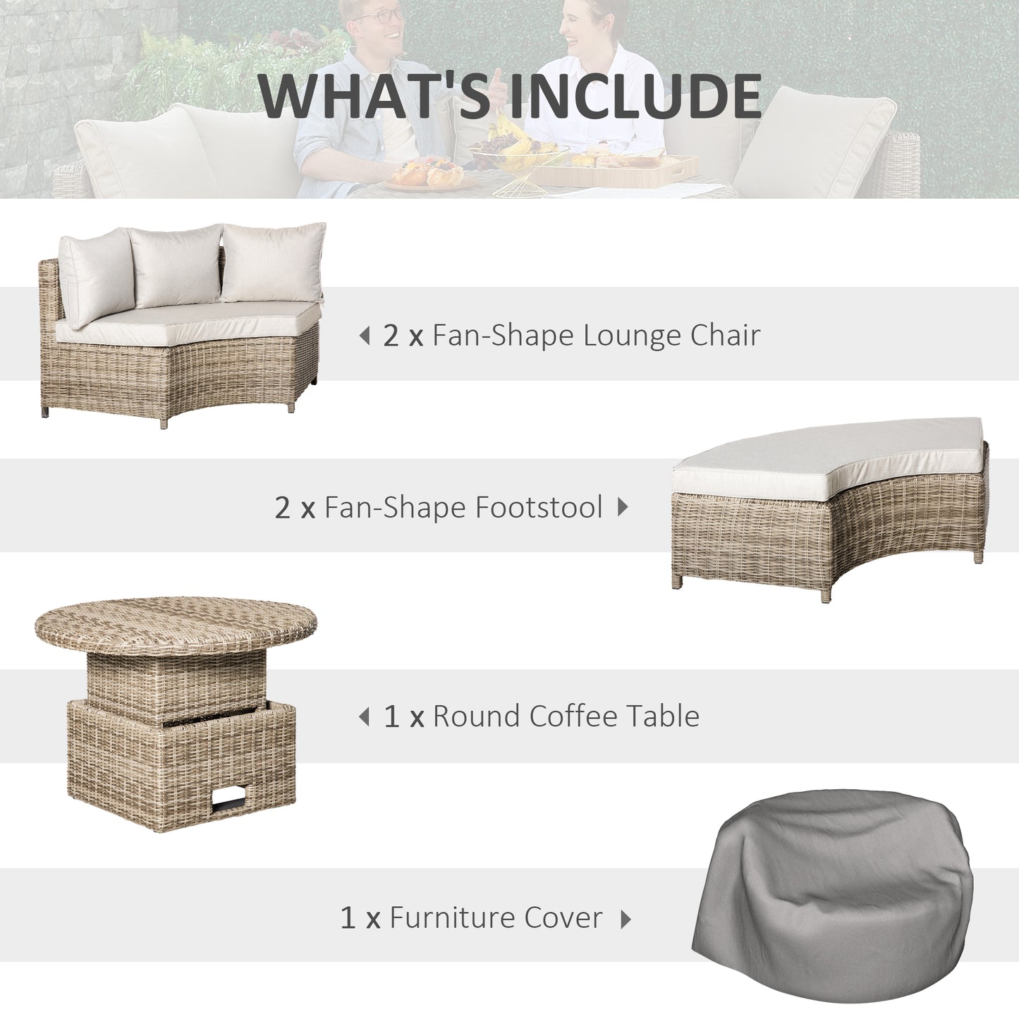 Outsunny 5 Pieces Outdoor PE Rattan Round Garden Daybed with Cushions, Aluminium Lounge Chair Conversation Sofa Set with Liftable Coffee Table and Protect Cover, Grey
