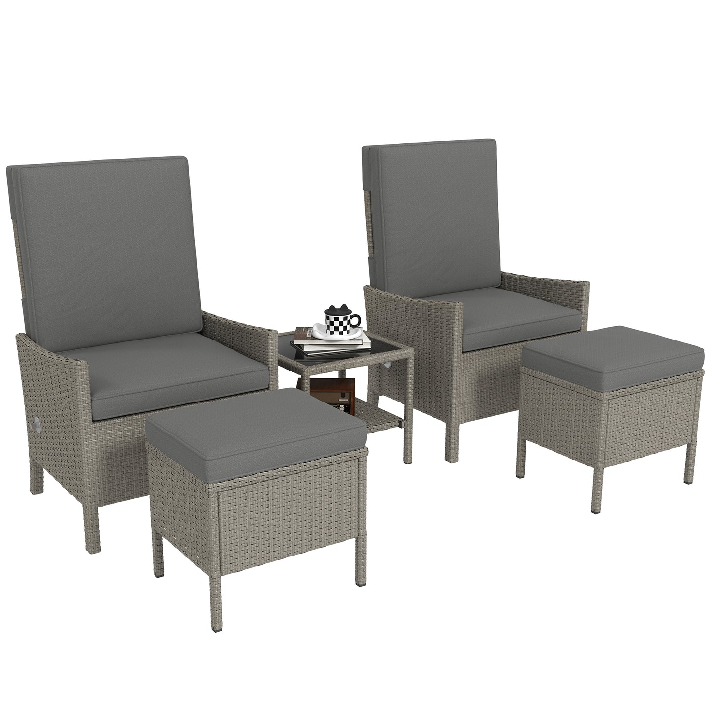 Photo of Outsunny 5 Piece Rattan Garden Furniture Set, Wicker Patio Sofa Set with 2 Armchairs, 2 Footstools, Glass Top Coffee Table with Shelf, Outdoor Furniture with Adjustable Backrests, Cushions, Dark Grey in Grey colour on a white background