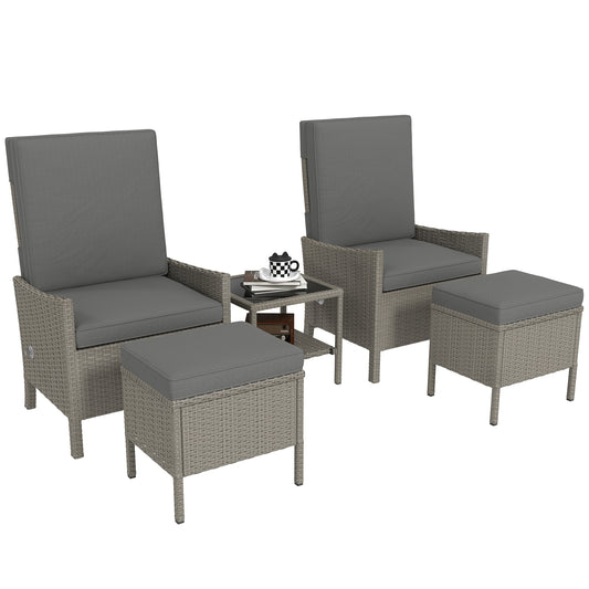 Photo of Outsunny 5 Piece Rattan Garden Furniture Set, Wicker Patio Sofa Set with 2 Armchairs, 2 Footstools, Glass Top Coffee Table with Shelf, Outdoor Furniture with Adjustable Backrests, Cushions, Dark Grey in Grey colour on a white background