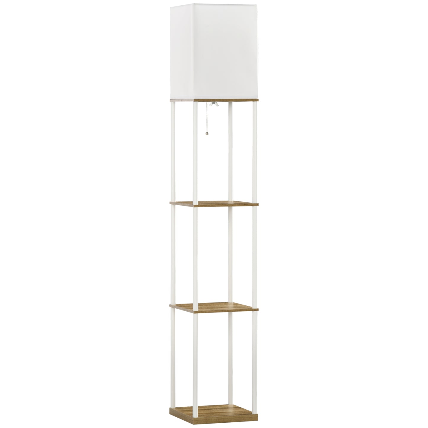 Photo of HOMCOM Modern Metal Floor Lamp with Shelves, 3 Layer Shelf Tall Standing Lamp with Fabric Lampshade, Pull Chain Switch for Living Room, Bedroom, Bulb not Included, White in White colour on a white background