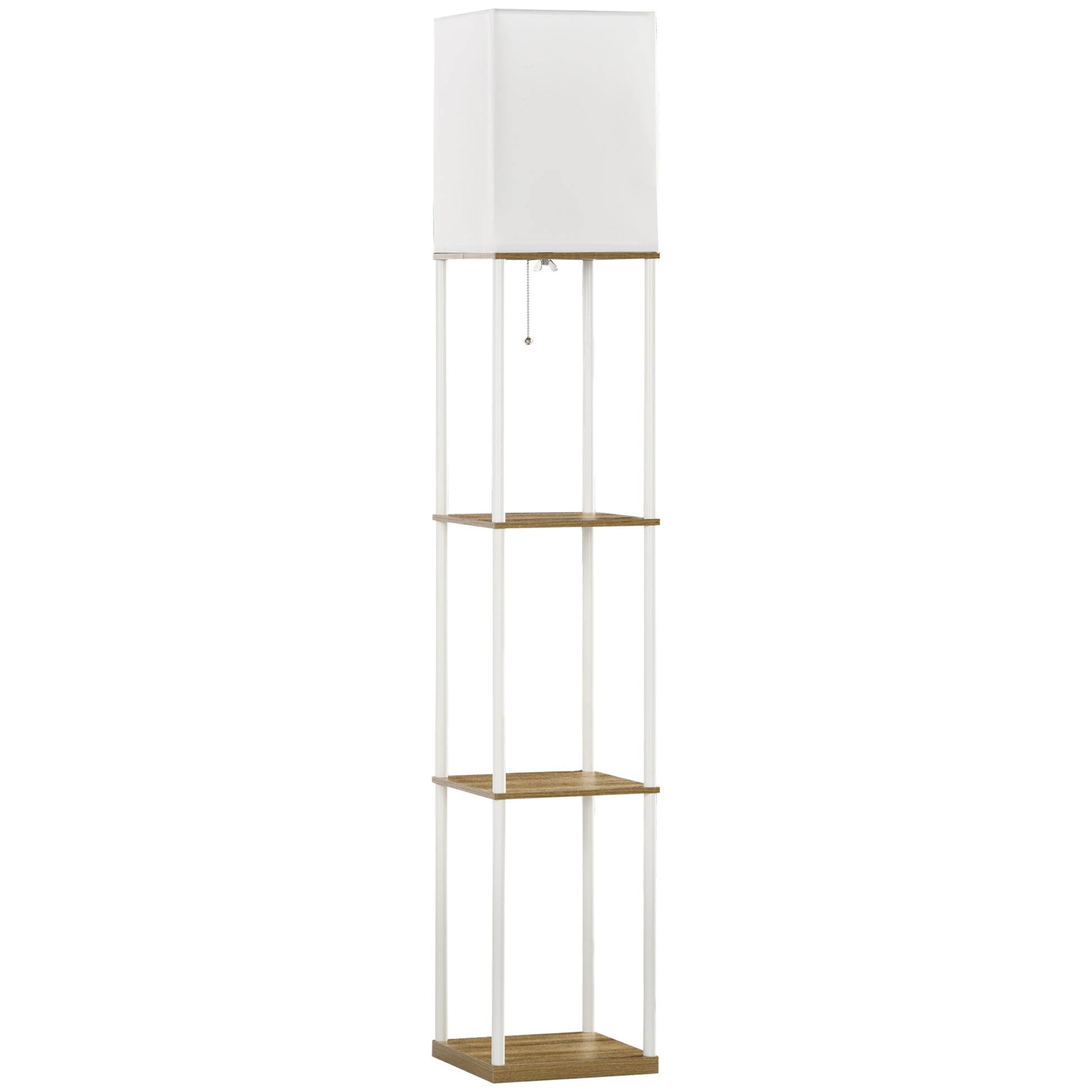 Photo of HOMCOM Modern Metal Floor Lamp with Shelves, 3 Layer Shelf Tall Standing Lamp with Fabric Lampshade, Pull Chain Switch for Living Room, Bedroom, Bulb not Included, White in White colour on a white background