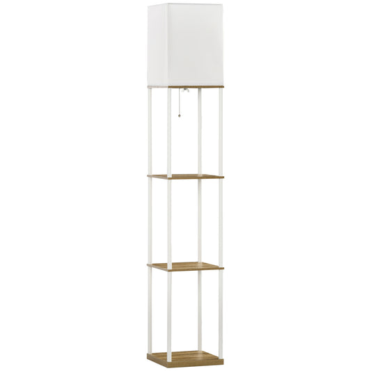 Photo of HOMCOM Modern Metal Floor Lamp with Shelves, 3 Layer Shelf Tall Standing Lamp with Fabric Lampshade, Pull Chain Switch for Living Room, Bedroom, Bulb not Included, White in White colour on a white background