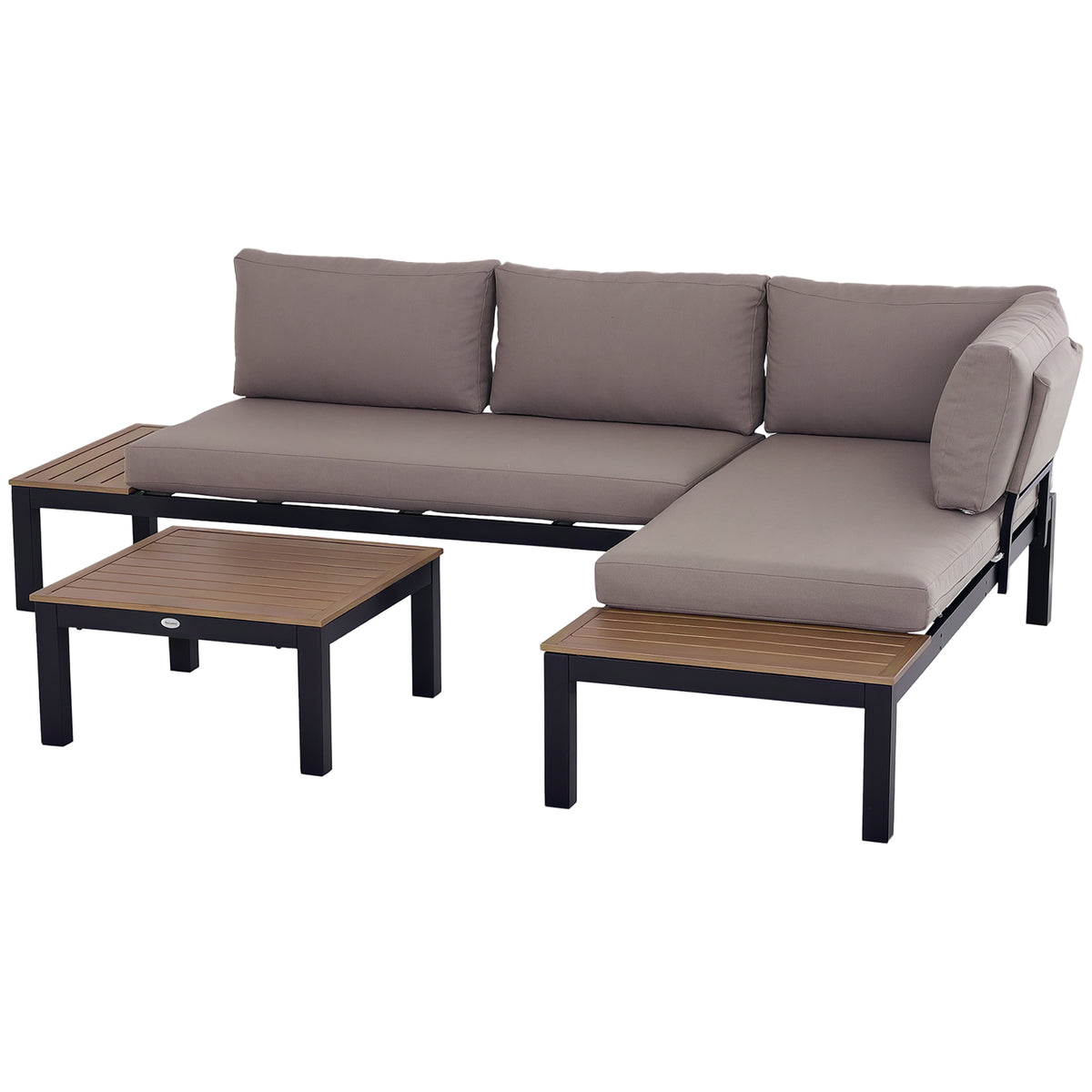 Outsunny three-piece garden furniture set with corner sofa, gray cushions, and two slatted tables