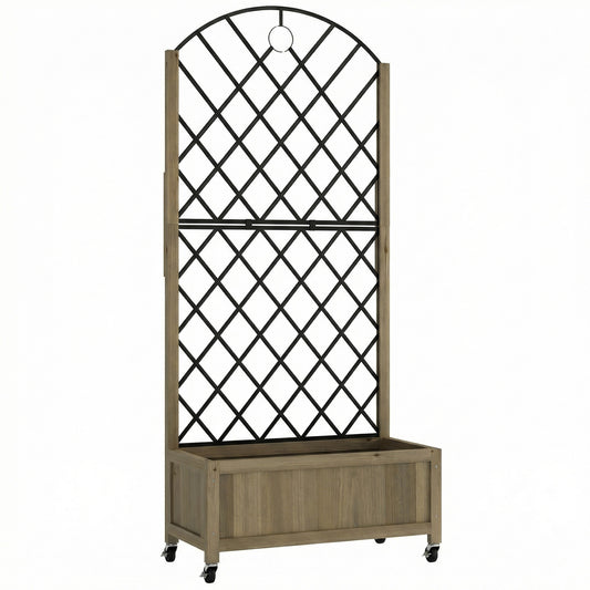 Photo of Outsunny Raised Garden Bed with Metal Trellis, Wooden Elevated Planter Box w/Lockable Wheels, Outdoor Raised Planter, Carbonised in Carbonised colour on a white background