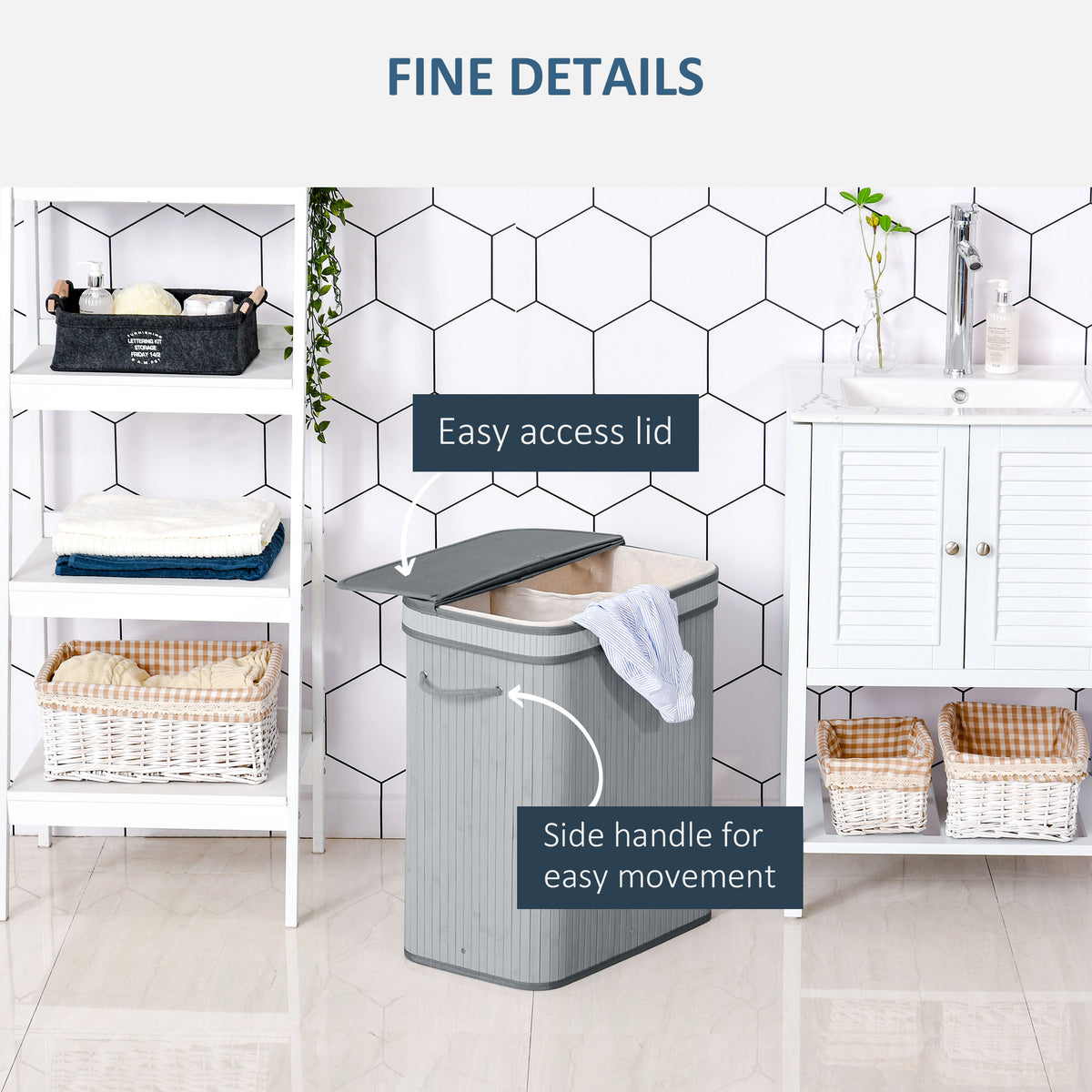 Grey bamboo laundry hamper with easy-access lid and side handles