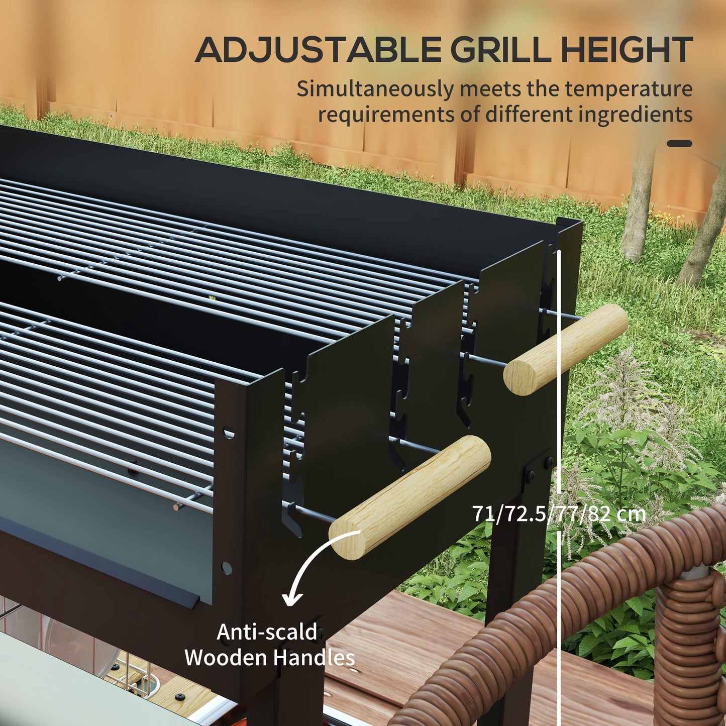 Outsunny Charcoal BBQ Grill, Barbecue Trolley with Double Adjustable Grill, Side Table, Storage Shelf and Wheels for Outdoor Garden Party Cooking, Black