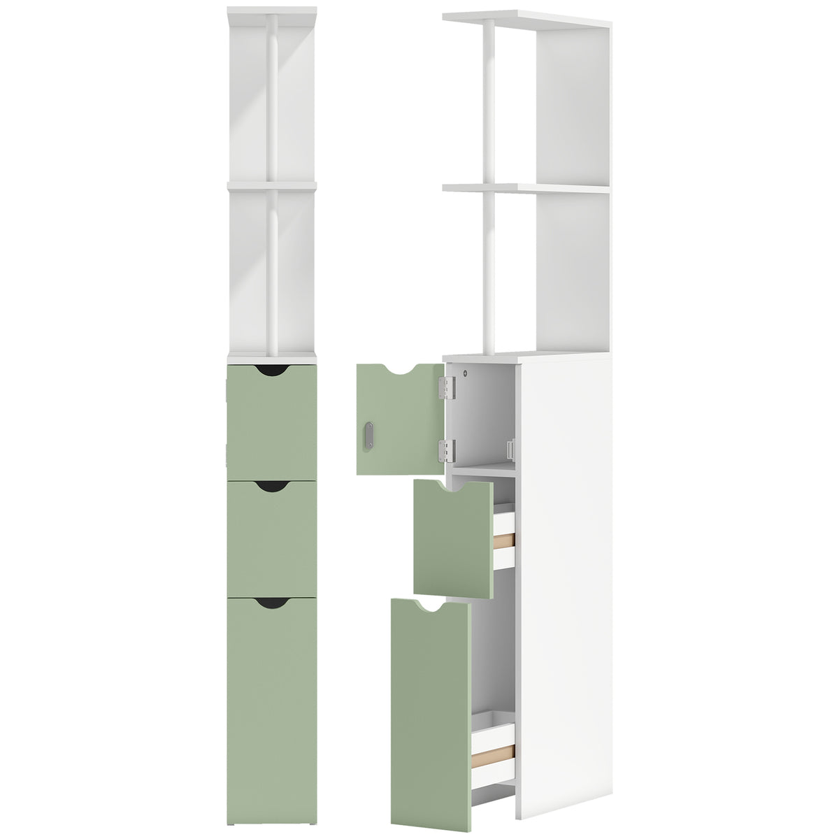 Photo of HOMCOM Slim Bathroom Storage Cabinet, Tall Bathroom Floor Cabinet with 2-Tier Shelf and 2 Drawers, White and Light Green in Green colour on a white background