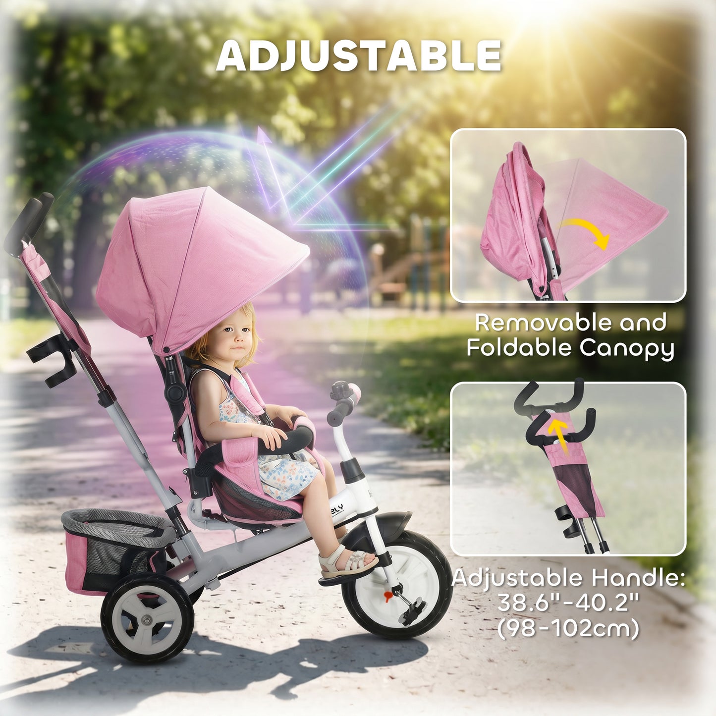 HOMCOM 6 in 1 Kids Trike with Parent Handle, Canopy, 5-point Seat Belt, Storage, Footrest, Brake, for 1-5 Years, Pink