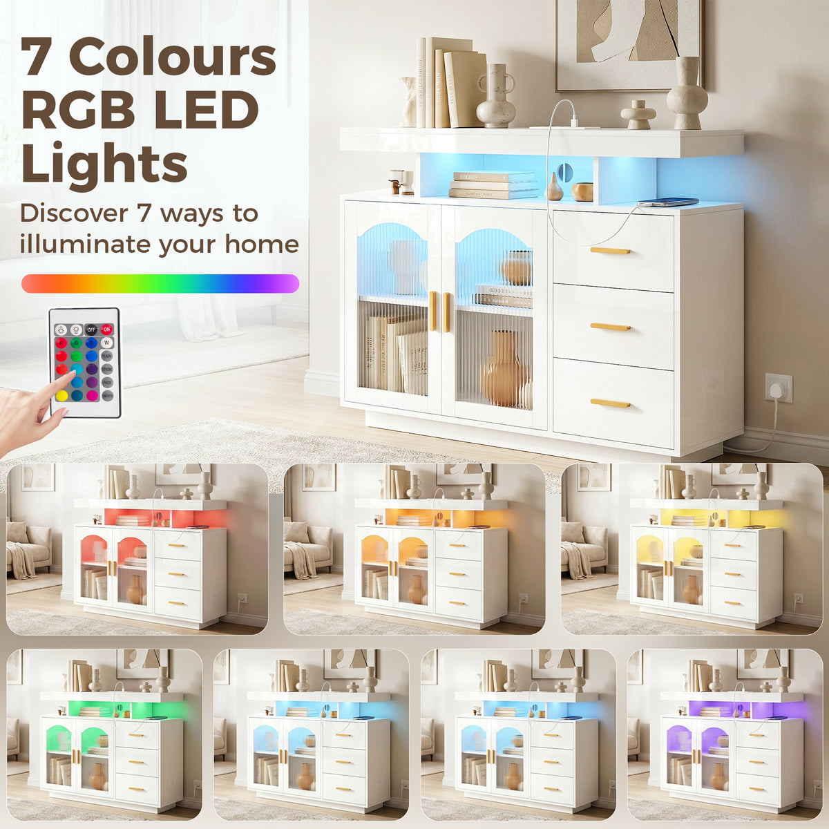 HOMCOM High Gloss Sideboard with LED Lights, Built-in Power Outlets, 3 Drawers, Shelves and 2 Acrylic Doors, White