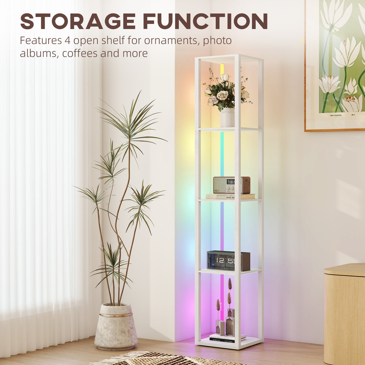 HOMCOM RGB LED Floor Lamp with Shelves, Modern Dimmable Standing Lamp with Remote Control, Adjustable Brightness & Speed for Living Room, Bedroom, Office, White