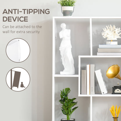 White room divider bookcase with open compartments and wall anti-tip attachment