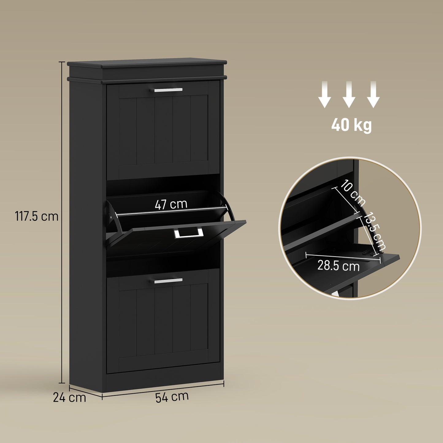 HOMCOM Three-Drawer Minimalistic Shoe Cabinet - Black