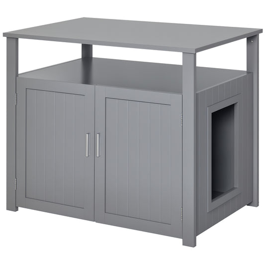 Photo of PawHut Wooden Cat Litter Box Enclosure Furniture with Adjustable Interior Wall & Large Tabletop for Nightstand, Grey in Grey colour on a white background
