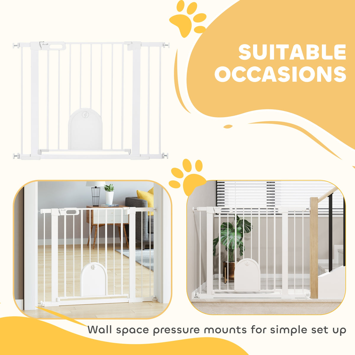 PawHut white pressure-fit pet gate with cat flap, shown installed in different doorways