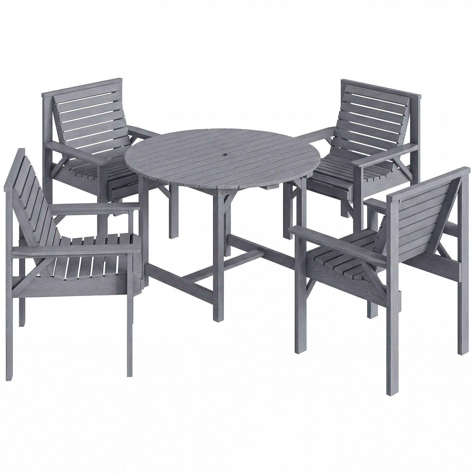 Photo of Outsunny 5 Pieces Garden Dining Set with Parasol Hole, Round Outdoor Table and Chairs, 4 Seater Wooden Garden Furniture, Grey in Grey colour on a white background