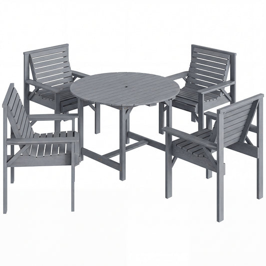 Photo of Outsunny 5 Pieces Garden Dining Set with Parasol Hole, Round Outdoor Table and Chairs, 4 Seater Wooden Garden Furniture, Grey in Grey colour on a white background