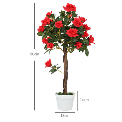 Artificial red rose tree in a white pot, shown with 90 cm height and pot dimensions