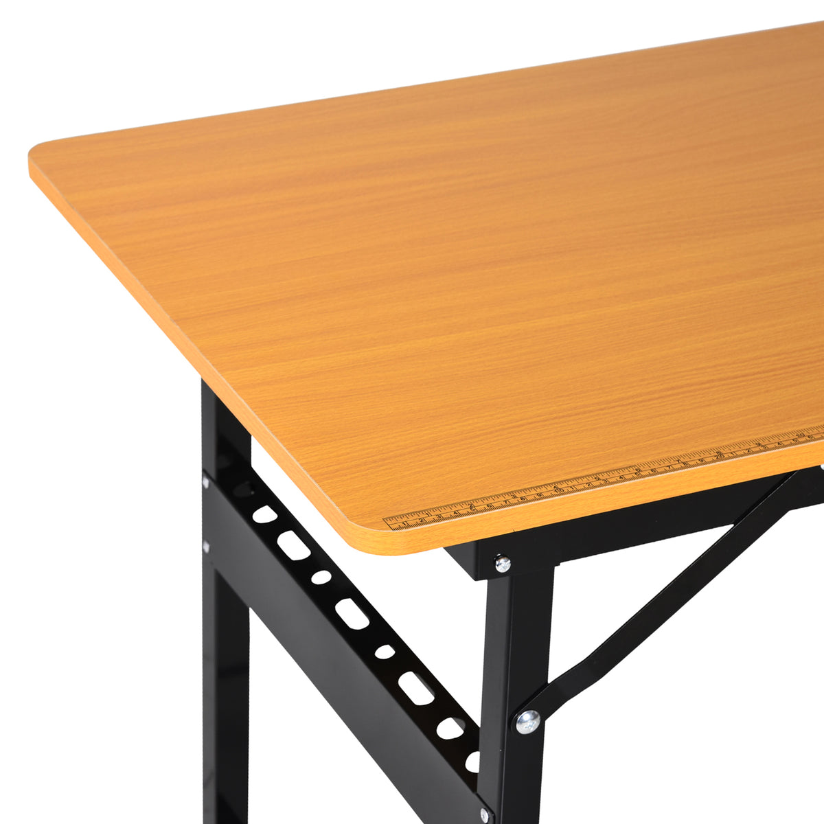 Close-up of workbench top ruler markings and slotted black steel frame