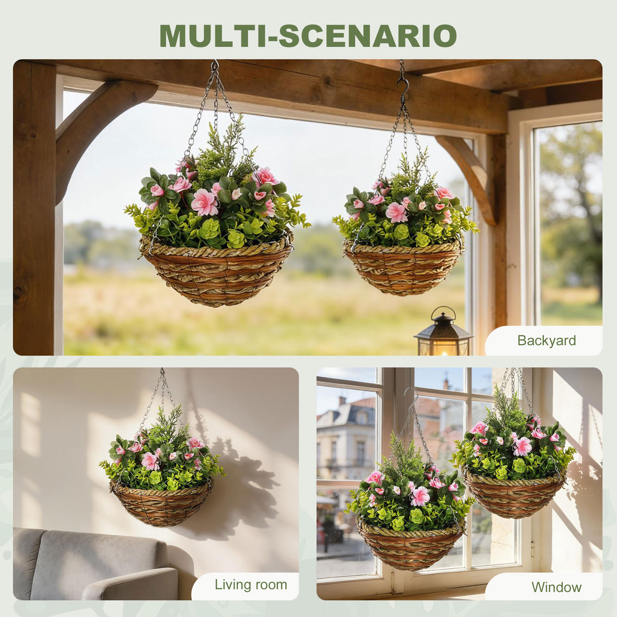 Two woven hanging flower baskets with pink blooms and green foliage shown in outdoor and indoor settings