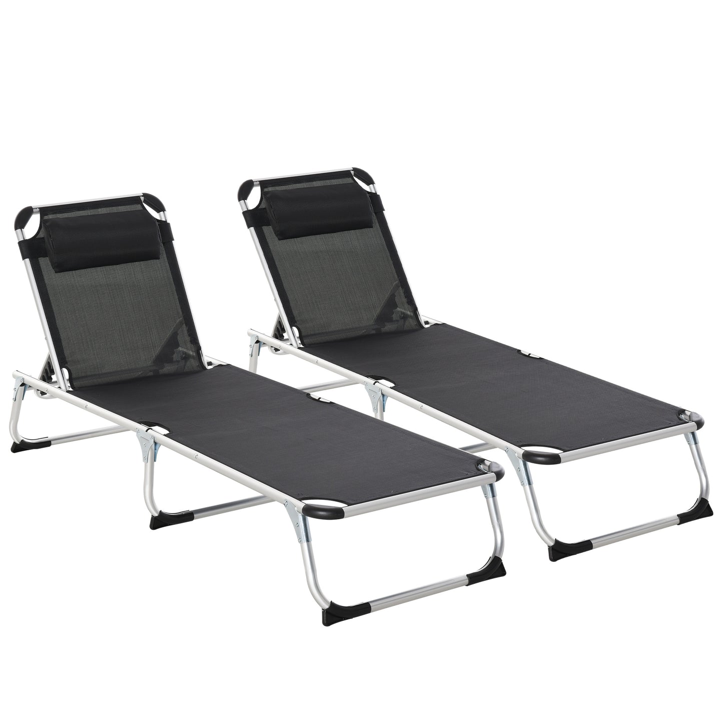 Photo of Outsunny Foldable Outdoor Sun Loungers Set of 2, Reclining Lounge Chair Camping Bed Cot with Pillow 4-Level Adjustable Back Aluminium Frame, Black in Black colour on a white background