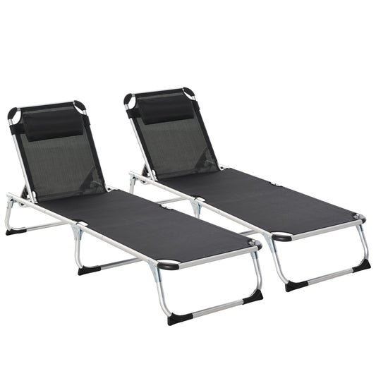 Photo of Outsunny Foldable Outdoor Sun Loungers Set of 2, Reclining Lounge Chair Camping Bed Cot with Pillow 4-Level Adjustable Back Aluminium Frame, Black in Black colour on a white background