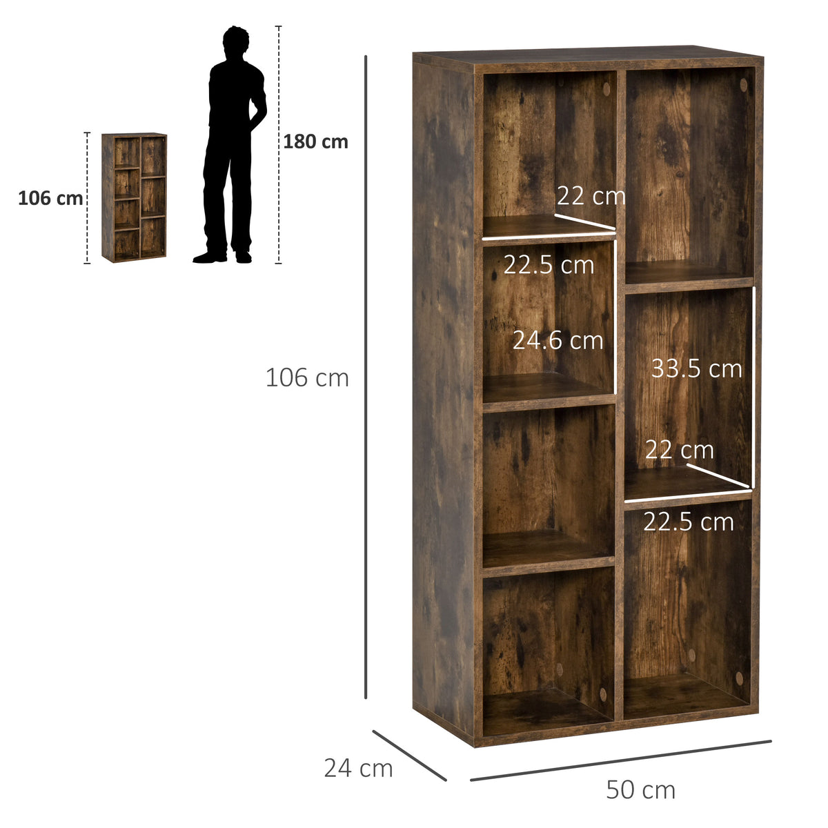 Rustic brown seven-cube bookcase with dimensions marked: 106 cm tall, 50 cm wide, 24 cm deep.