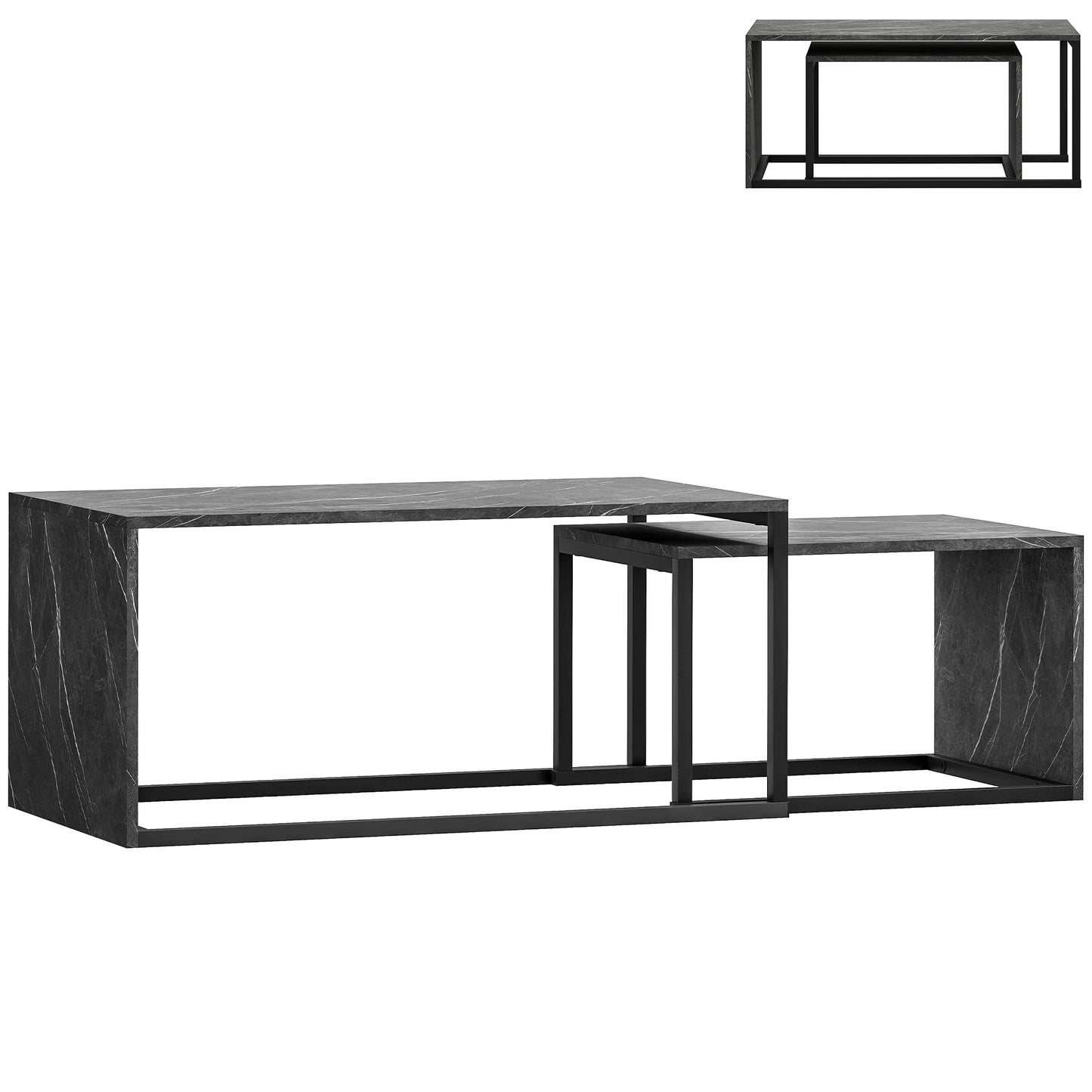 Photo of HOMCOM Nesting Coffee Table Set of 2, Industrial Stacking Side End Tables with Metal Frame for Living Room, Bedroom, Dark Grey Marble Effect in Effect colour on a white background