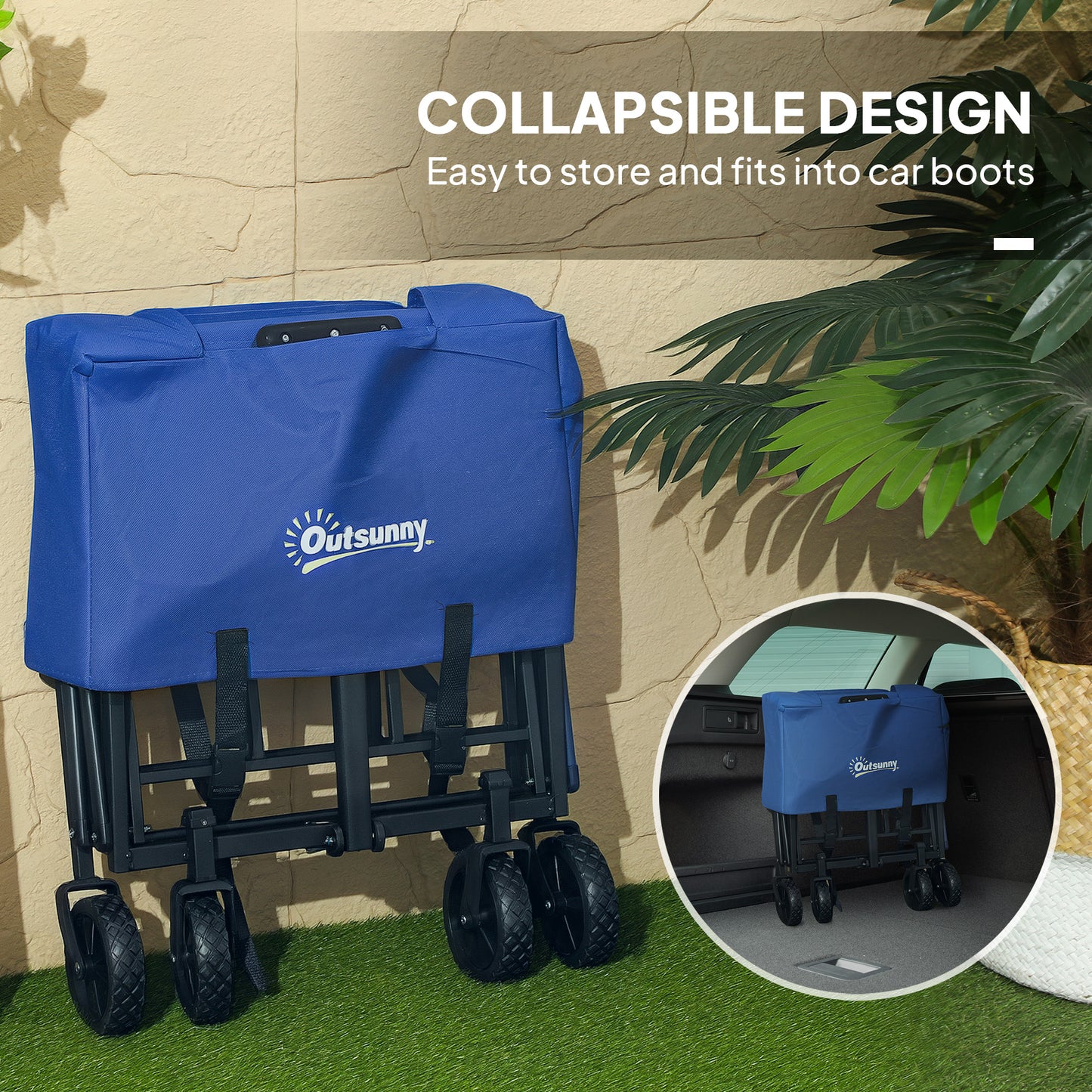 Outsunny 93L Festival Trolley on Wheels, Garden Folding Trolley Cart, 120kg Heavy Duty Collapsible Folding Wagon with Adjustable Handle and Carrying Bag for Beach, Camping, Festival, Blue