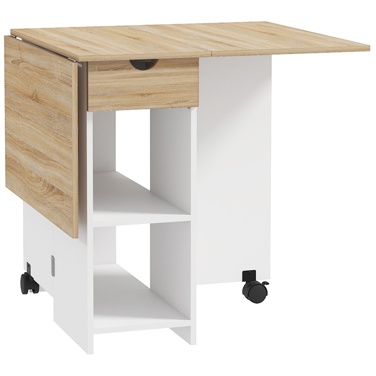 Photo of HOMCOM Folding Dining Table, Drop Leaf Table for Small Spaces, Foldable Table with Drawer and Storage Shelves for Kitchen, Dining Room, Oak in Oak colour on a white background