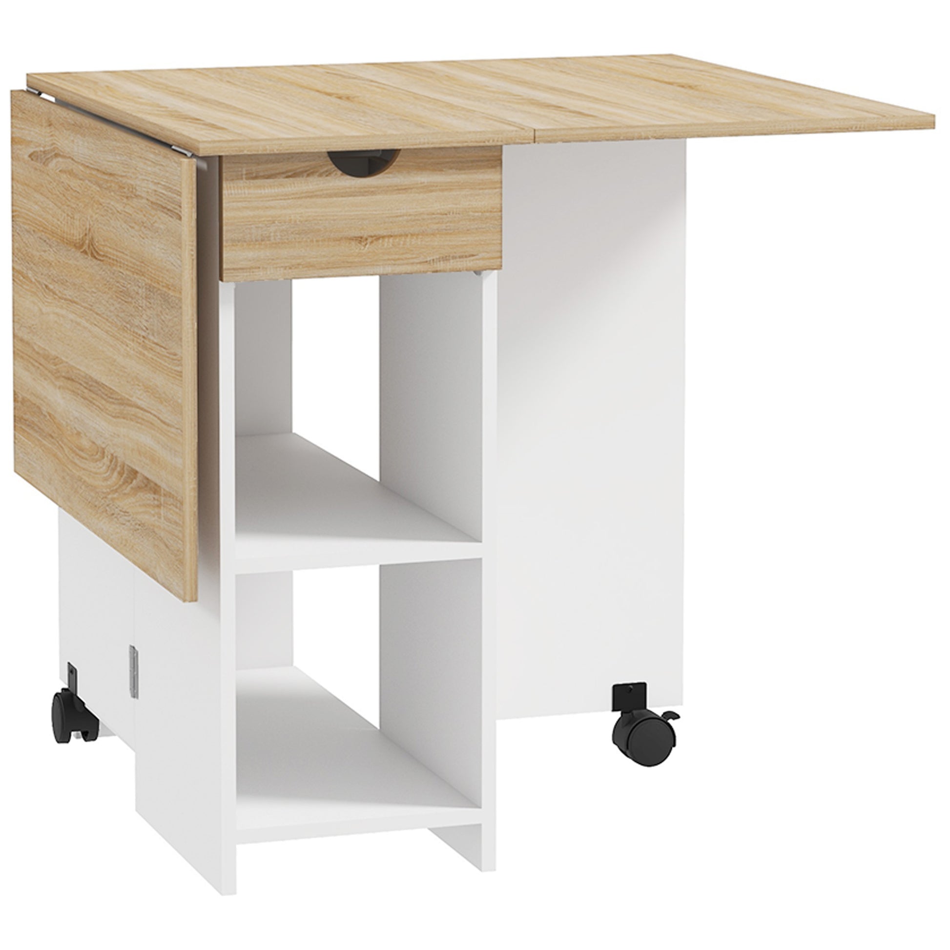 Photo of HOMCOM Folding Dining Table, Drop Leaf Table for Small Spaces, Foldable Table with Drawer and Storage Shelves for Kitchen, Dining Room, Oak in Oak colour on a white background