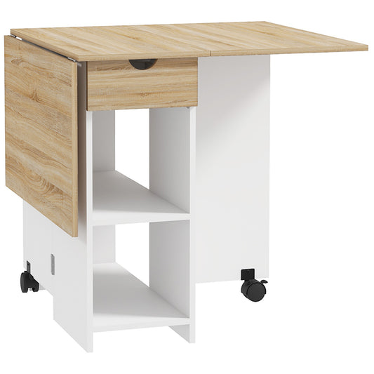 Photo of HOMCOM Folding Dining Table, Drop Leaf Table for Small Spaces, Foldable Table with Drawer and Storage Shelves for Kitchen, Dining Room, Oak in Oak colour on a white background