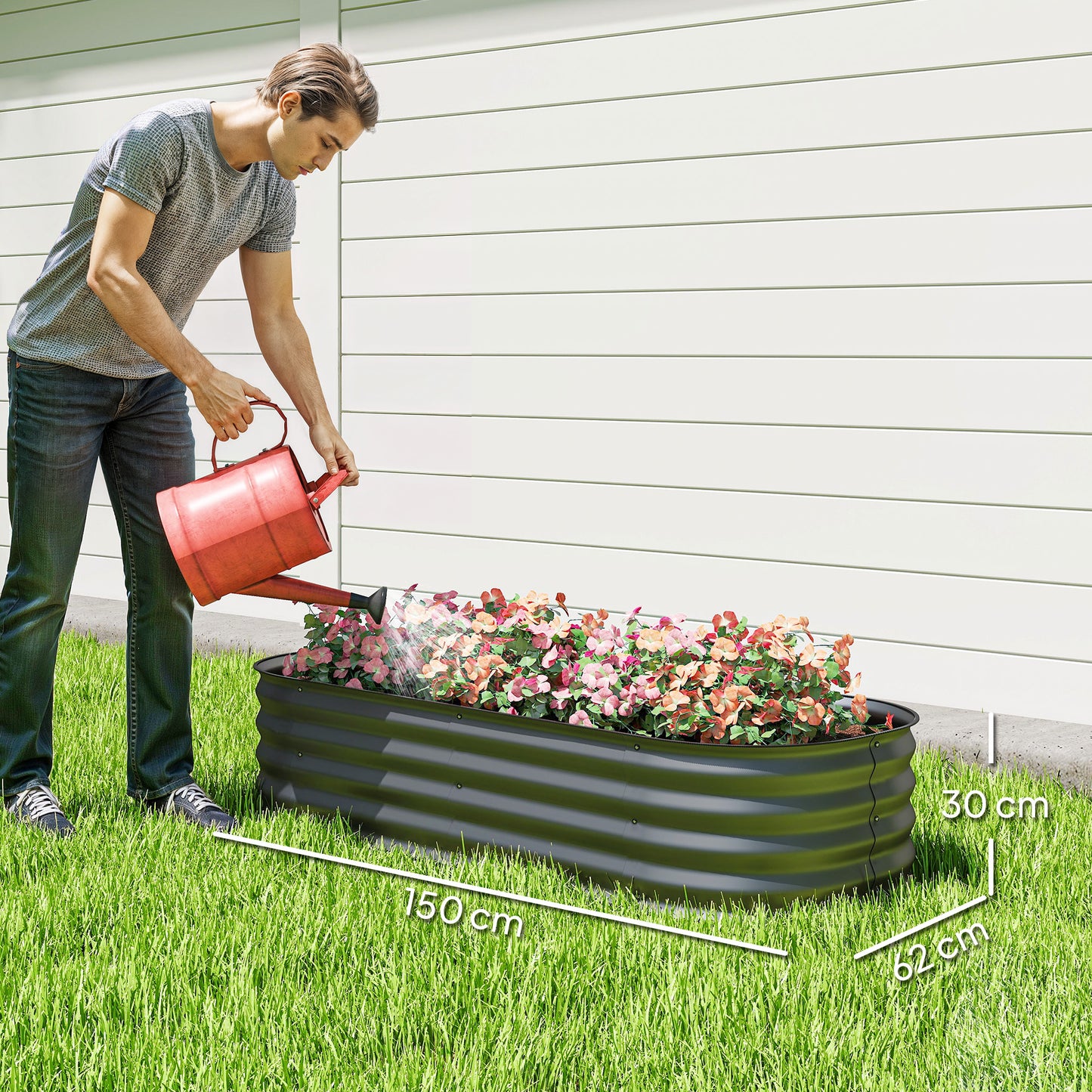 Outsunny Galvanised Raised Garden Bed, Metal Planter Box with Safety Edging, for Flowers, Herbs, Succulents, Dark Grey